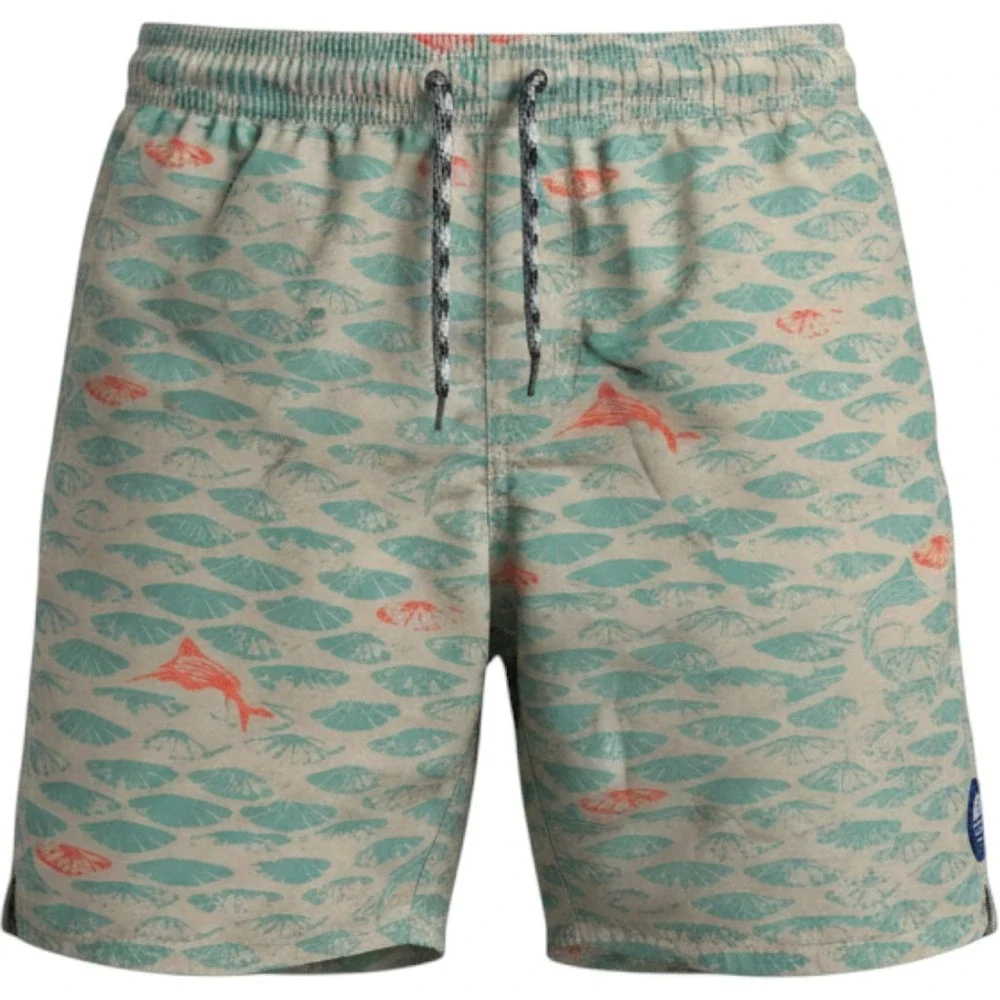 AFTCO Youth XL Board Shorts Tan Teal Fish Scale Marlin Swim Trunks Boys